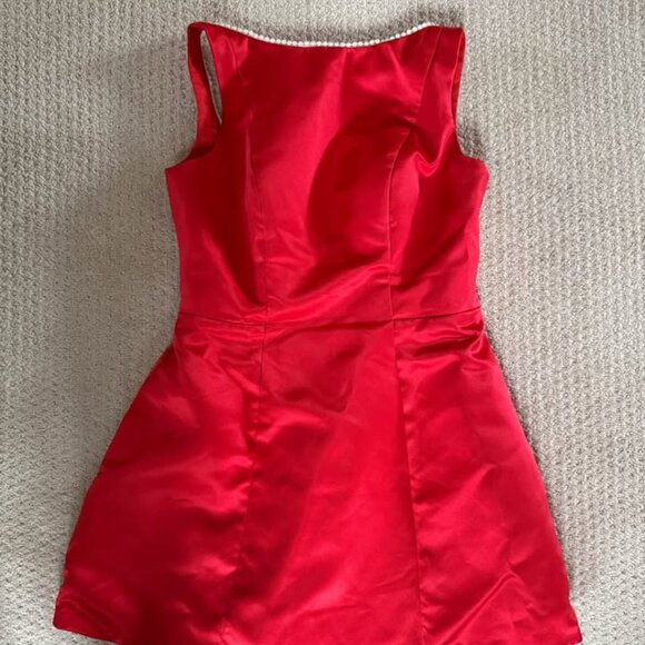 Red Satin Holiday Mini Dress with Pearl Trim and Bow Medium - Picture 2 of 9